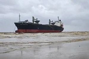 Tàu chở hàng trôi dạt vào biển Tiên Trang.