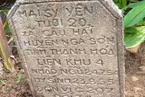 Bia mộ liệt sĩ Mai Sỹ Yên được người dân Lai Châu phát hiện trong rừng đang chờ ngành chức năng xác minh.