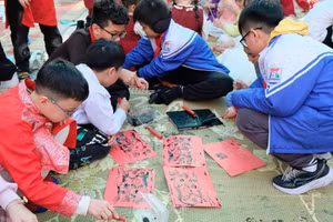 Học sinh thích thú với trải nghiệm vẽ tranh Đông Hồ.