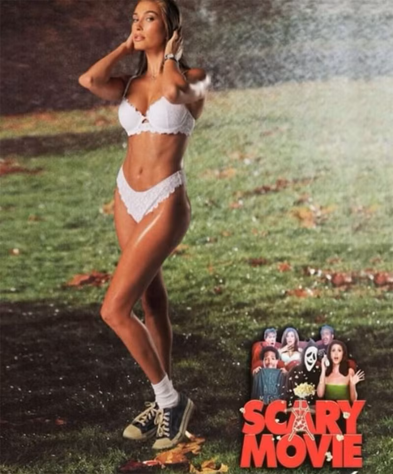 Siêu mẫu Hailey gợi cảm khi biến hình thành nhân vật trong phim khi Electra đứng trên bãi cỏ trong bộ nội y trắng hai mảnh, kết hợp giày thể thao và tất trắng. 10 trang phục Halloween đẹp bất ngờ của sao thế giới