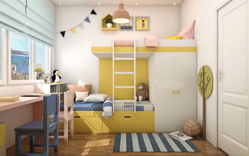 Mẫu phòng ngủ này được thiết kế dựa trên nguyên tắc tối giản hóa toàn bộ nội thất, bạn chỉ cần trang bị cho bé chỗ nghỉ ngơi và học tập là được. Những mẫu phòng ngủ chung cho bé trai và bé gái đẹp mê ly