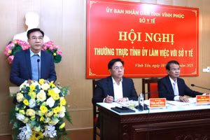 Ông Lê Hồng Trung, Giám đốc sở Y tế Vĩnh Phúc (bìa trái) phát biểu trong buổi làm việc với Thường trực Tỉnh ủy Vĩnh Phúc.