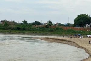 Bãi soi Tình Húc trên sông Lô tiếp giáp giữa phường Nông Tiến và Hưng Thành, TP Tuyên Quang đã trở thành bãi tắm tự phát của người dân.