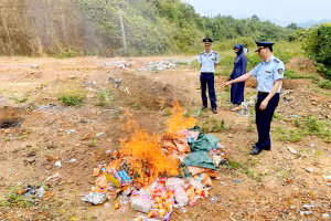 Lực lượng QLTT cùng chủ cơ sở kinh doanh tiến hành tiêu hủy số hàng hóa vi phạm.