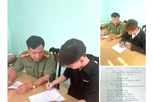 Nguyễn Hoàng Huy và Dương Hùng Nam – hai gương mặt trẻ tiêu biểu của thanh niên xã Vĩnh Thành viết đơn tình nguyện thực hiện nghĩa vụ Công an Nhân dân. Ảnh: Công an xã Vĩnh Thành. 