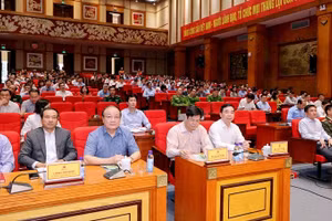 Quang cảnh hội nghị tại điểm cầu trực tiếp cấp tỉnh. (Ảnh: Khánh Linh)