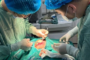 Bác sĩ tiến hành phẫu thuật cho bệnh nhi bị chó cắn. Ảnh: BVĐK tỉnh Tuyên Quang