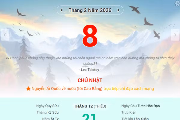 Lịch âm 8/2 - Xem lịch âm ngày 8/2/2026
