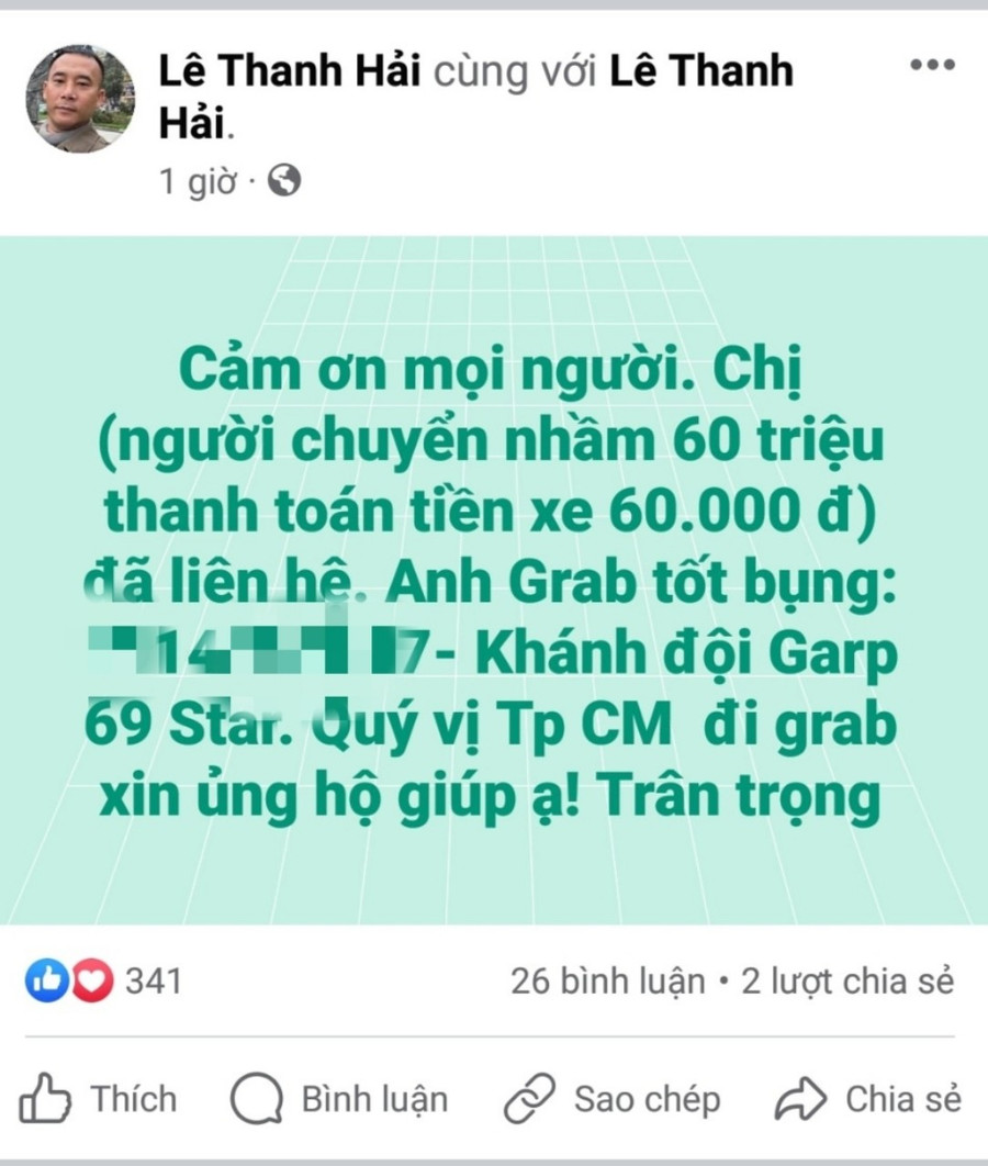 Anh Lê Thanh Hải đăng lên mạng thông báo đã tìm được người chuyển tiền nhầm. Anh Lê Thanh Hải đăng lên mạng thông báo đã tìm được người chuyển tiền nhầm.