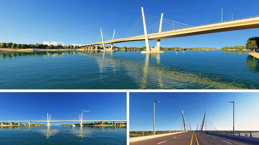 : Phối cảnh kiến trúc cầu Thạch Hãn 1 - một công trình thuộc dự án Đường ven biển kết nối hành lang kinh tế Đông Tây tỉnh Quảng Trị.