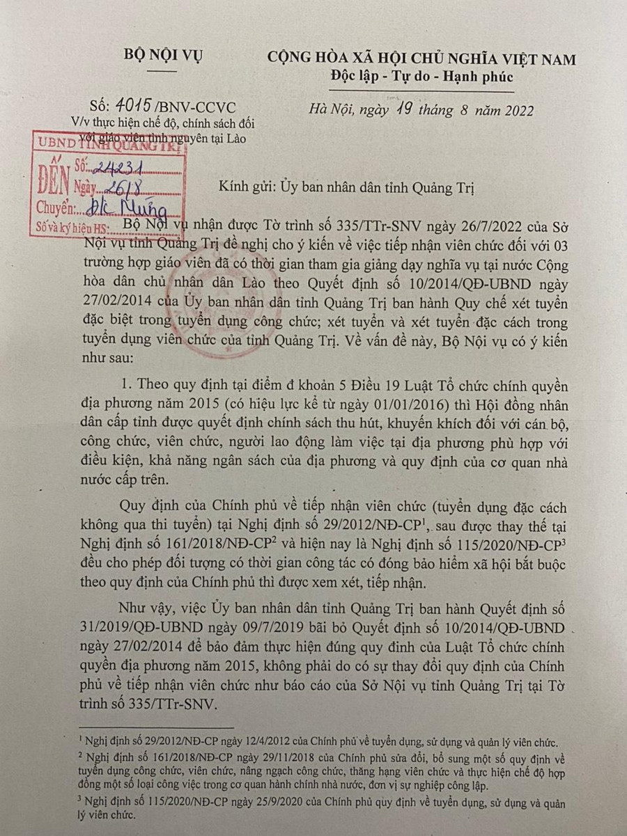 Văn bản trả lời của Bộ Nội vụ gửi UBND tỉnh Quảng Trị.