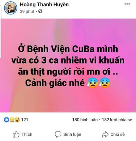 Một trong những facebook đưa thông tin 3 ca nhiễm "vi khuẩn ăn thịt người" ở Bệnh viện Cuba Đồng Hới Quảng Bình lên mạng xã hội. Một trong những facebook đưa thông tin 3 ca nhiễm "vi khuẩn ăn thịt người" ở Bệnh viện Cuba Đồng Hới Quảng Bình lên mạng xã hội.