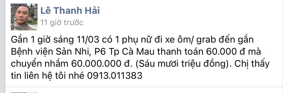 Tài khoản anh Lê Thanh Hải đăng thông tin tìm người chuyển tiền nhầm. Tài khoản anh Lê Thanh Hải đăng thông tin tìm người chuyển tiền nhầm.