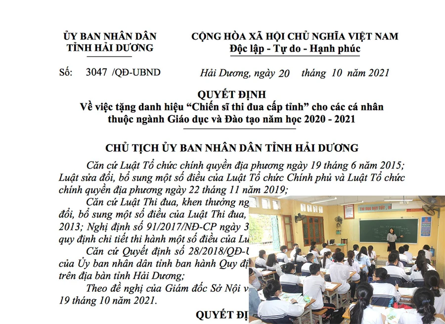 Hải Dương tặng danh hiệu Chiến sĩ thi đua cho 59 cán bộ giáo viên