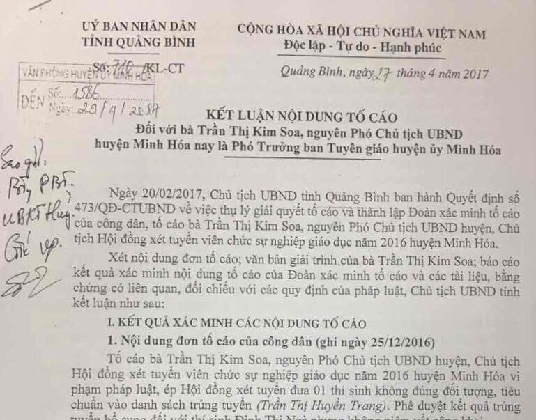 Kết luận số 710/KL-CT của UBND tỉnh Quảng Bình đối với những sai phạm trong đợt tuyển dụng vừa qua của UBND huyện Minh Hoá.