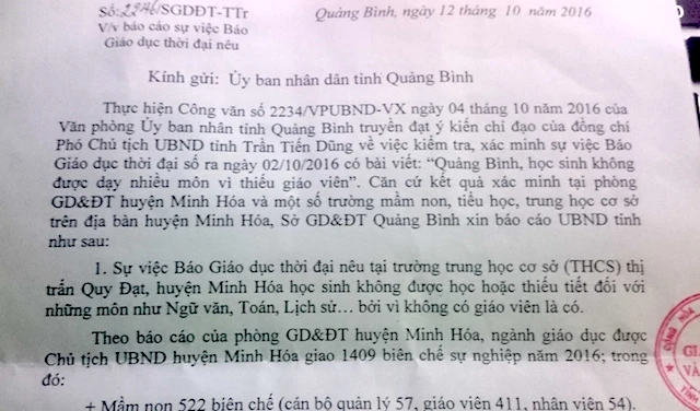 Báo cáo kiểm tra sự việc báo nêu của Sở GD&ĐT tỉnh Quảng Bình gửi UBND tỉnh.