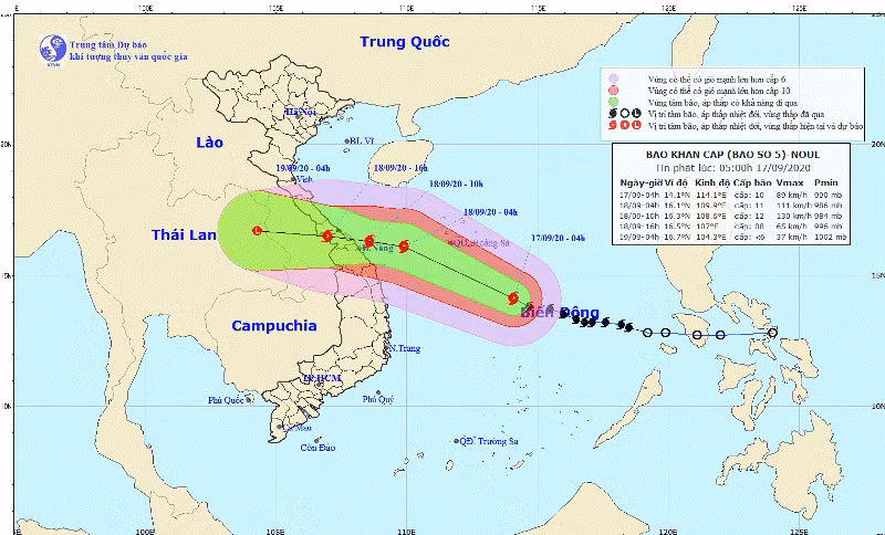 Dự báo hướng di chuyển của bão số 5 đang ở Biển đông dự kiến đổ bộ vào đất liền vào ngày 18/9.
