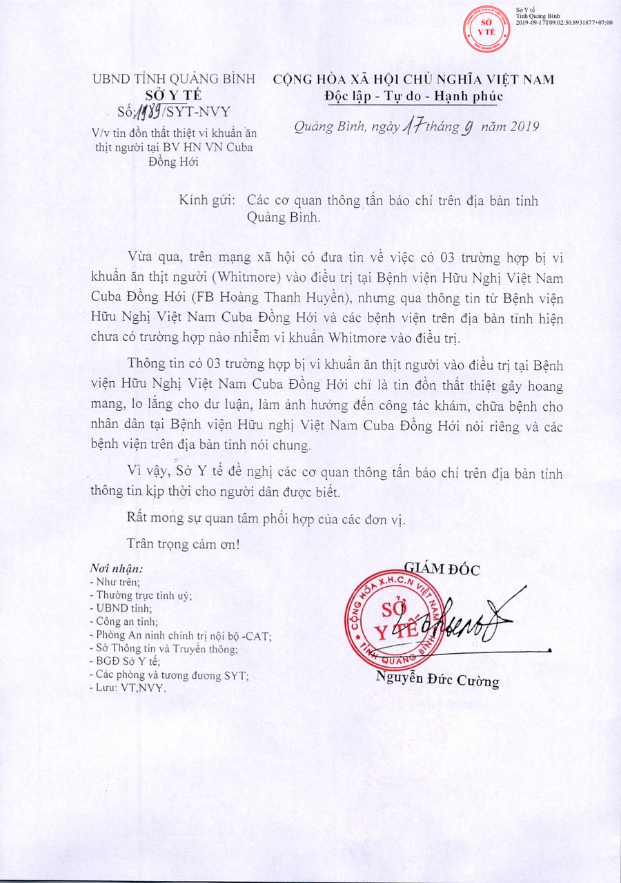 Văn bản khẳng định thông tin về "vi rút ăn thịt người" xuất hiện tại Quảng Bình là tin đồn thất thiệt do Sở Y tế tỉnh Quảng Bình ban hành sáng ngày 17/9.