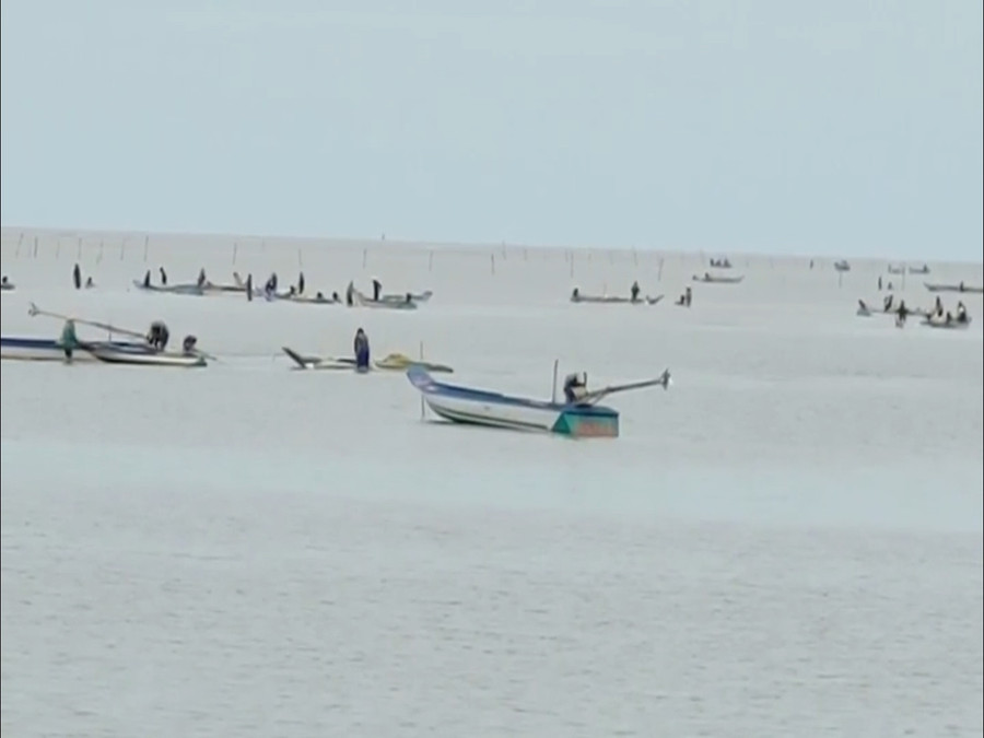 Người dân dùng phương tiện vỏ lãi ra biển khai thác nghêu giống.