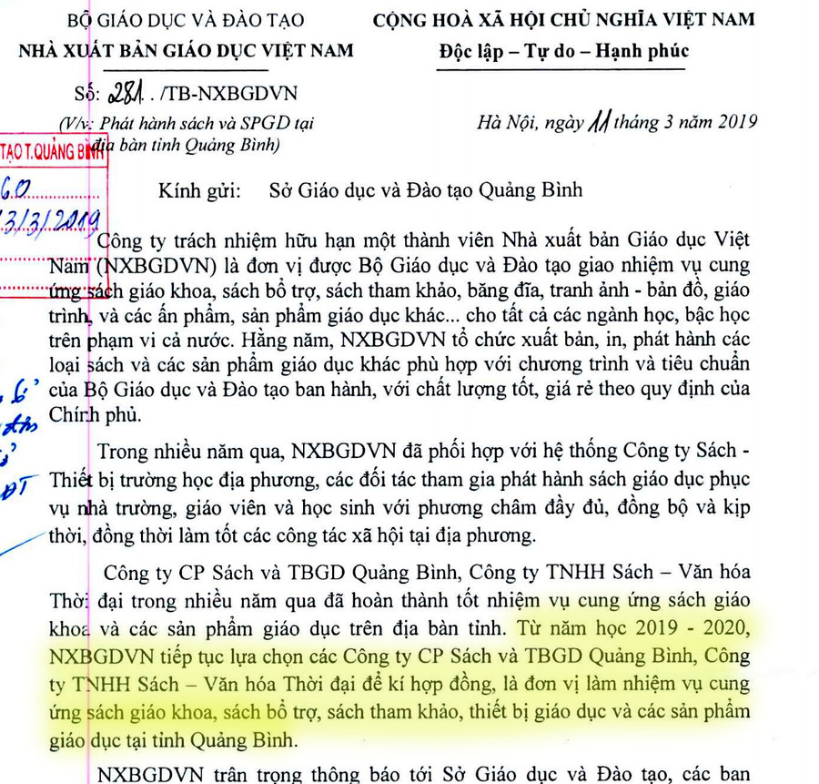 Tháng 3/2019, NXB Giáo dục Việt Nam có Công văn số 281/TB-NXBGDVN gửi Sở GD&ĐT tỉnh Quảng Bình giới thiệu về hai đối tác chiến lược của NXB tại địa bàn tỉnh Quảng Bình. Tháng 3/2019, NXB Giáo dục Việt Nam có Công văn số 281/TB-NXBGDVN gửi Sở GD&ĐT tỉnh Quảng Bình giới thiệu về hai đối tác chiến lược của NXB tại địa bàn tỉnh Quảng Bình.