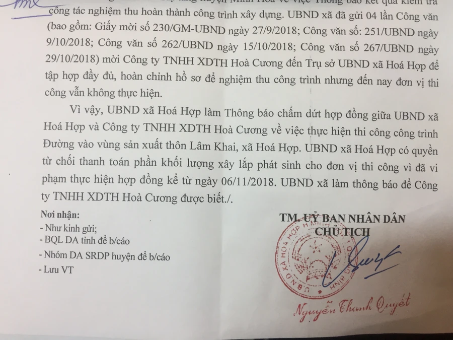 Thông báo của UBND xã Hoá Hợp về việc đơn phương chấm dứt hợp đồng đối với Công ty TNHH XDTH Hoà Cương kể từ ngày 6/11/2018.