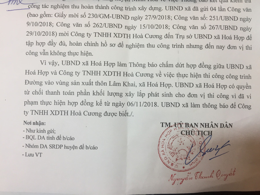 Thông báo của UBND xã Hoá Hợp về việc đơn phương chấm dứt hợp đồng đối với Công ty TNHH XDTH Hoà Cương kể từ ngày 6/11/2018.