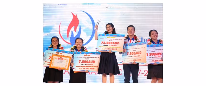 Đặng Lê Minh Anh – học sinh lớp 10A2, trường THPT Thị Xã Quảng Trị (đứng thứ 2 từ bên trái qua) nhận giải thưởng của cuộc thi Thực hiện ước mơ lần 6