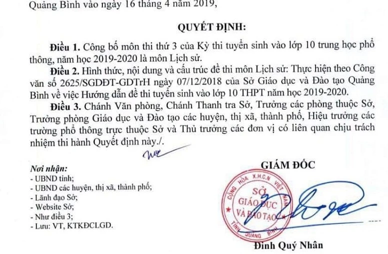 Quyết định của lãnh đạo sở GD&ĐT tỉnh Quảng Bình về việc đưa môn Lịch sử thành môn thi thứ 3 vào kỳ thi tuyển sinh lớp 10 năm học 2019 - 2020 của tỉnh Quảng Bình