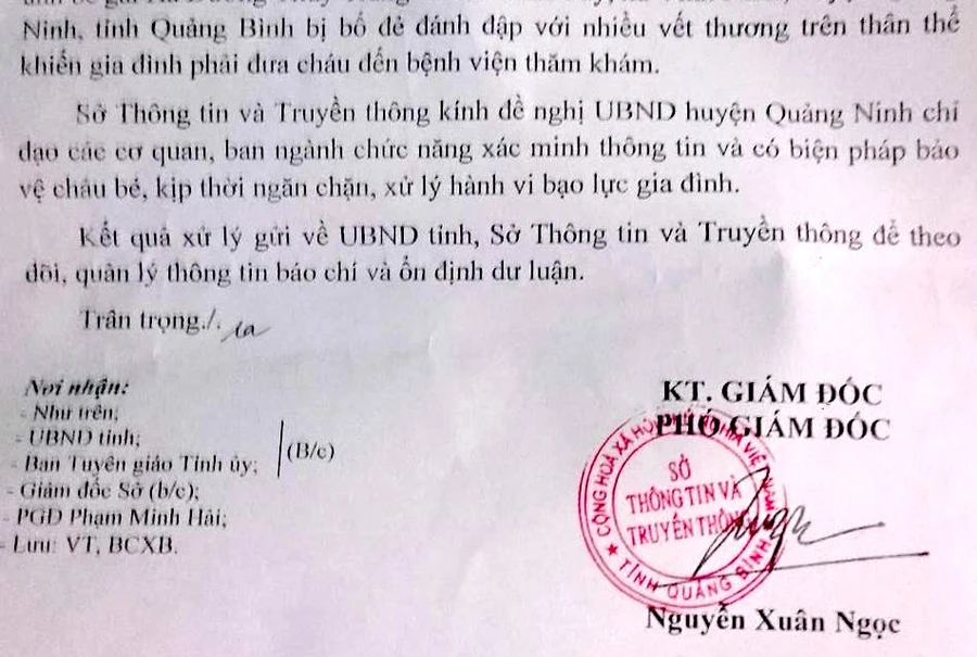 Văn bản sở Thông tin và Truyền thông đề nghị cơ quan chức năng vào cuộc bảo vệ bé Hà Dương Thùy Trang.