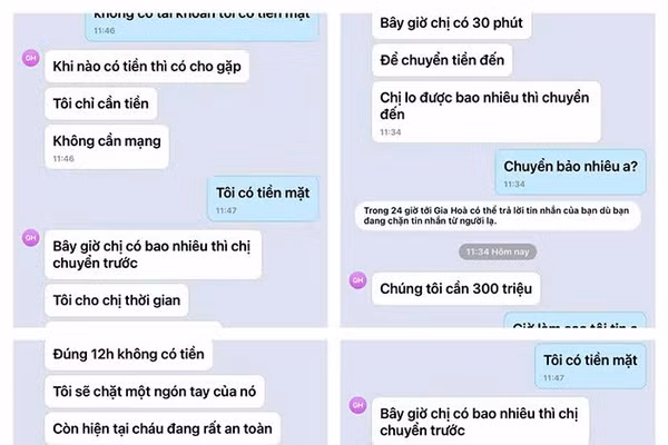 Tin nhắn các đối tượng gửi cho gia đình nạn nhân yêu cầu chuyển tiền. Ảnh: Công an TP Cần Thơ.