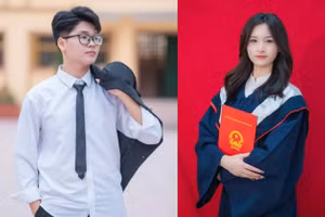 Hai em Đinh Tiến Đạt và Đào Thị Mỹ Tâm- học sinh lớp 12A1, Trường THPT Lưu Hoàng đạt tổng điểm khối A01 từ 25,25 trở lên. Ảnh: NTCC.