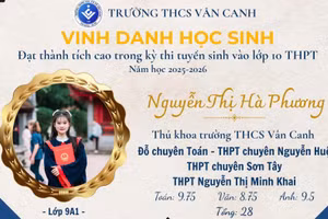 Nguyễn Thị Hà Phương - nữ sinh đỗ vào lớp 10 với tổng điểm 28, cao nhất Trường THCS Vân Canh. Ảnh: NTCC.