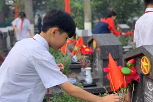 Học sinh Trường THCS Tây Tựu, phường Tây Tựu (Hà Nội) thắp hương tri ân các anh hùng liệt sĩ. 