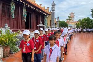 Học sinh khối 4-5 Trường Tiểu học Hải Thanh bước vào khuôn viên khu di tích lịch sử đền Thiên Biên, xã Hải Hưng, huyện Hải Hậu, Nam Định.