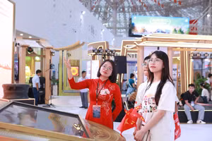 Cán bộ Bảo tàng tỉnh Ninh Bình giới thiệu tới du khách tham quan về những danh thắng nổi tiếng của địa phương. Ảnh: Đình Tuệ.