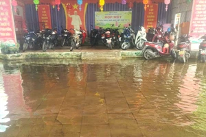 Xung quanh trường đều ngập, sân khấu được tận dụng làm nơi để xe.