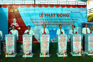 Lãnh đạo tỉnh Cà Mau nhấn nút phát động các dự án. Ảnh: Quách Mến.