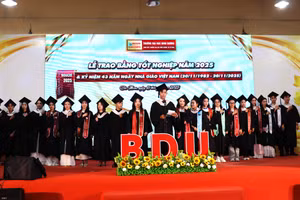 Sinh viên tốt nghiệp tại Trường Đại học Bình Dương phân hiệu Cà Mau tri ân thầy cô.