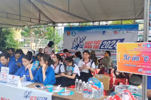 Đội hình Tiếp sức mùa thi hỗ trợ thí sinh năm 2024 tại một điểm thi ở Cà Mau.