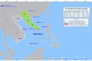 Cập nhật vị trí và đường đi áp thấp nhiệt đới hồi 14h ngày 24/6. Ảnh: Trung tâm Dự báo Khí tượng Thủy văn Quốc gia.