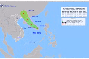Cập nhật vị trí và đường đi áp thấp nhiệt đới hồi 14h ngày 24/6. Ảnh: Trung tâm Dự báo Khí tượng Thủy văn Quốc gia.