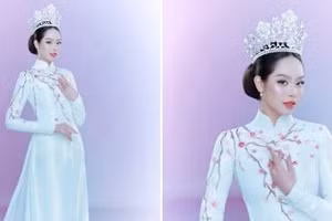 Cận cảnh tà áo dài đặc biệt, nặng tới 10kg của Thanh Thủy tại Miss International