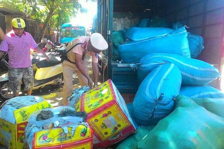 Nhiều thùng xốp chứa nội tạng và mực khô hôi thối vừa được lực lượng chức năng bắt giữ tại Huế