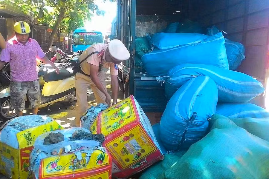 Nhiều thùng xốp chứa nội tạng và mực khô hôi thối vừa được lực lượng chức năng bắt giữ tại Huế