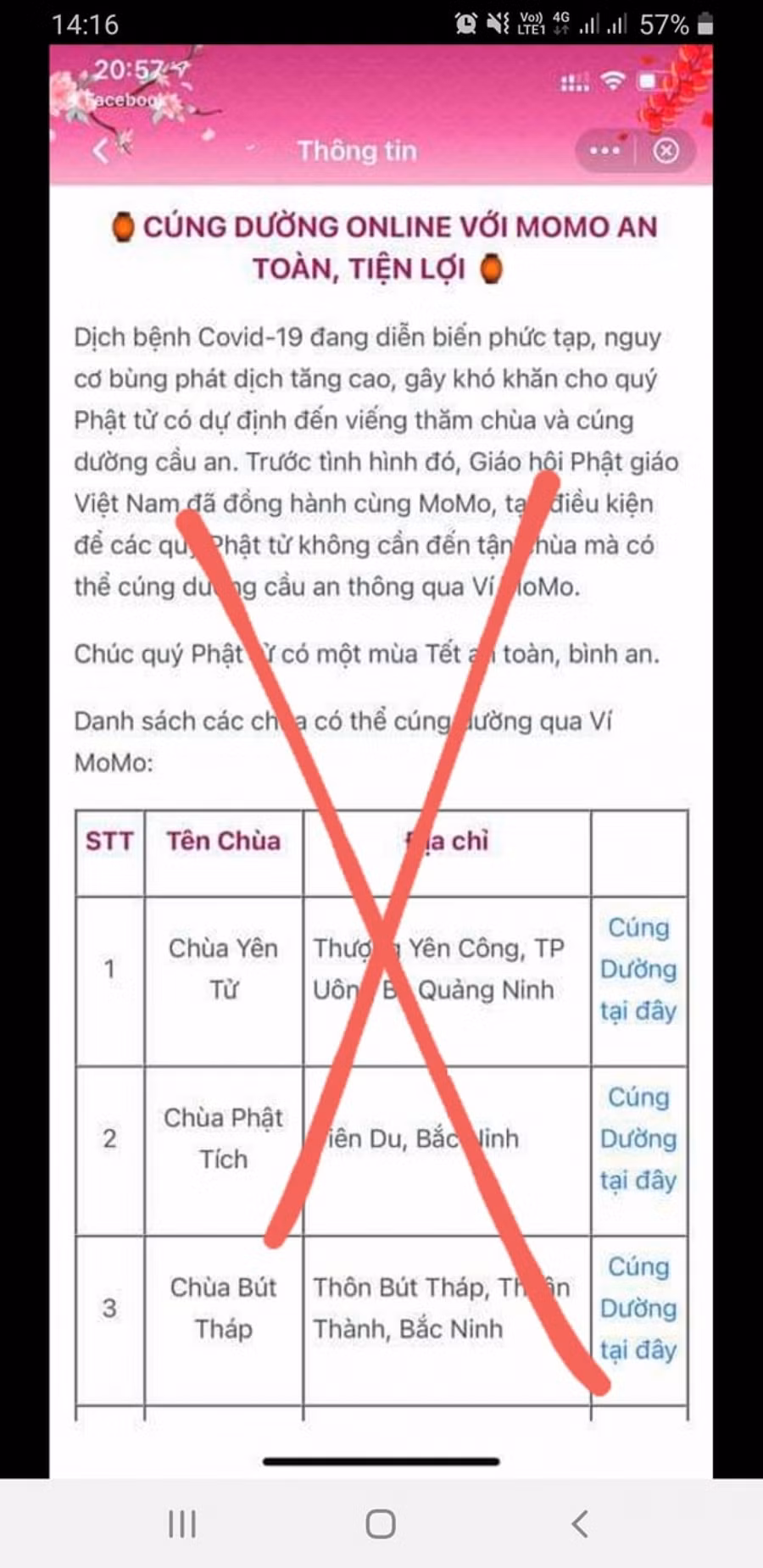 Thông tin giả mạo kêu gọi cúng dường online.