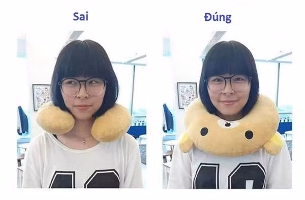 Gối đeo cổ phải mang như thế này mới đúng, hai phần đỉnh của gối phải được đặt ra phía sau, chắc rằng nhiều người vẫn đang làm sai