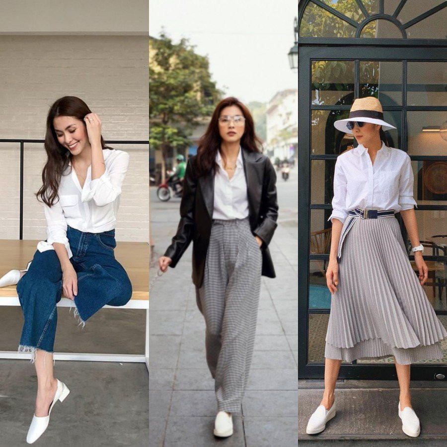 Những chiếc sơ mi trắng của của cô cũng được phối hợp linh hoạt với quần jeans, quần âu ống suông hay thậm chí là chân váy midi. Đối với những set đồ streetstyle năng động như này, Hà Tăng còn rất thích xỏ chân vào những đôi giày mule trắng. Và thật sự giày trắng có thể đi kèm bất kể món đồ thời trang nào mà không bao giờ sợ lạc quẻ.