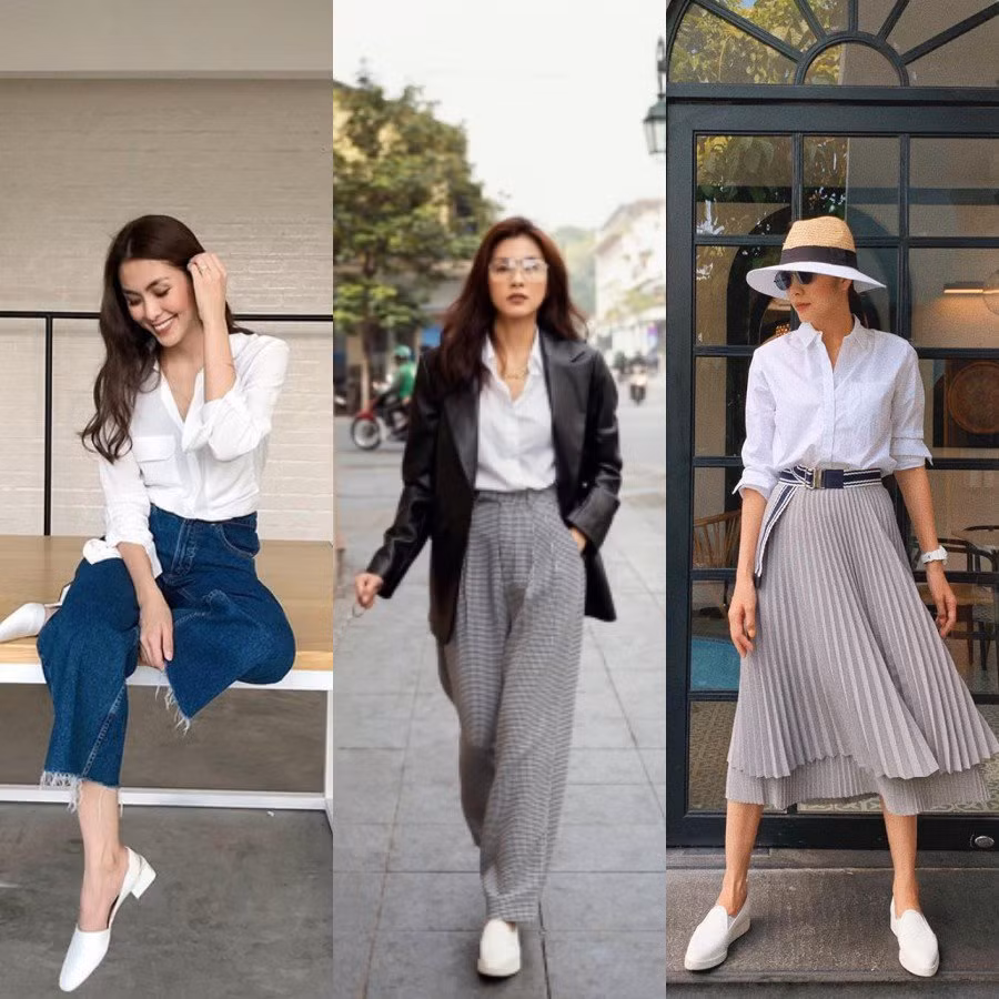 Những chiếc sơ mi trắng của của cô cũng được phối hợp linh hoạt với quần jeans, quần âu ống suông hay thậm chí là chân váy midi. Đối với những set đồ streetstyle năng động như này, Hà Tăng còn rất thích xỏ chân vào những đôi giày mule trắng. Và thật sự giày trắng có thể đi kèm bất kể món đồ thời trang nào mà không bao giờ sợ lạc quẻ.