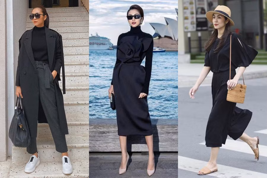 Từ những bộ cánh đi tiệc hay phong cách đường phố thường ngày, Hà Tăng cũng luôn "đính kèm tệp" với outfit màu hắc.