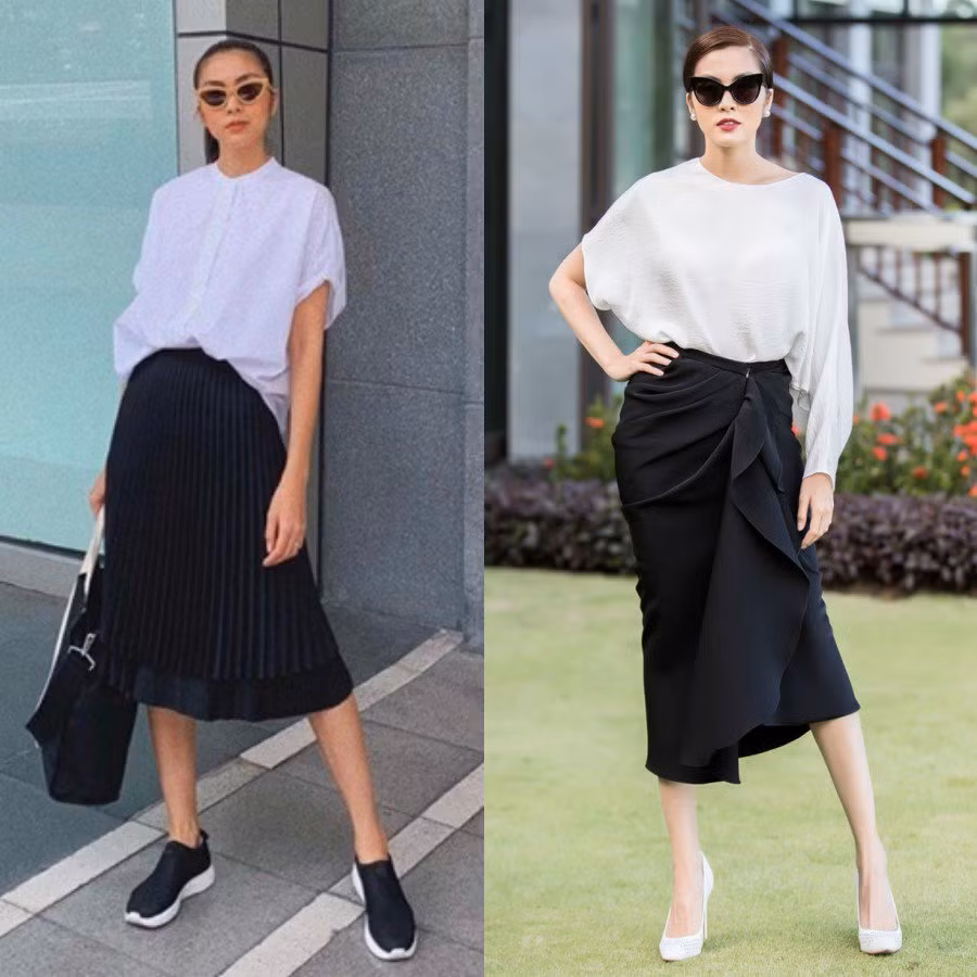 Và tất nhiên ngọc nữ cũng có nhiều lần phối đồ trắng và đen siêu đẹp. Cô thường chọn những mẫu áo dáng rộng một chút và phụ kiện mắt kính không bao giờ thiếu để cộng thêm 1 điểm nhan sắc cho cô nàng.